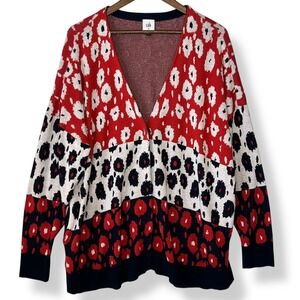Cabi 6163 XL Leopard Spot Colorblock Snap Front Cardigan Sweater Red White Blue